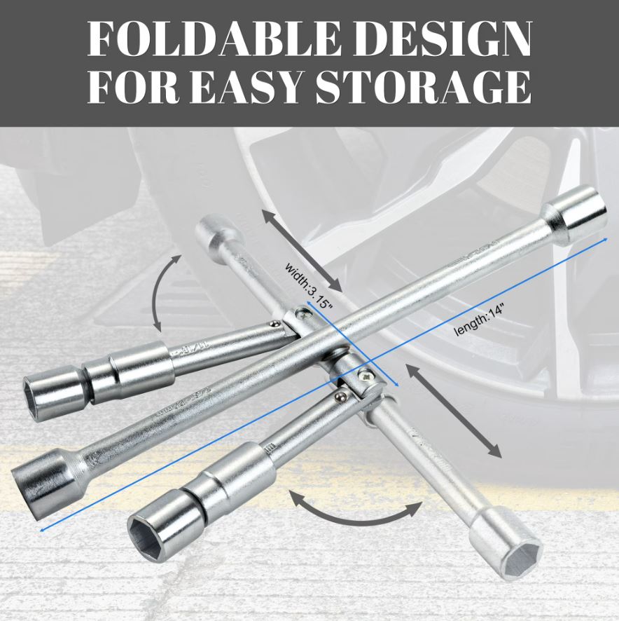 AA Engineering 14 Inch Universal Folding Lug Wrench, 4-Way Tire Iron Wrench