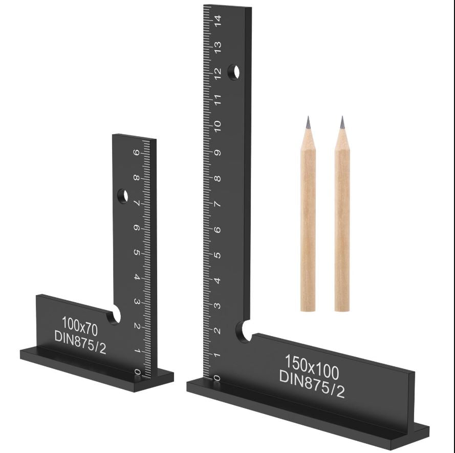 AA Engineering 2-Piece 90° Precision Aluminum Machinist Square Set with Base – Woodworking & Construction Layout Tool with Marking Pencils