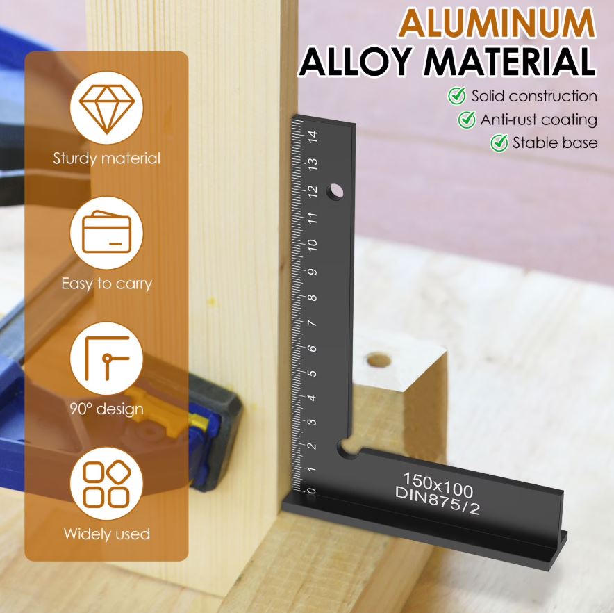 AA Engineering 2-Piece 90° Precision Aluminum Machinist Square Set with Base – Woodworking & Construction Layout Tool with Marking Pencils