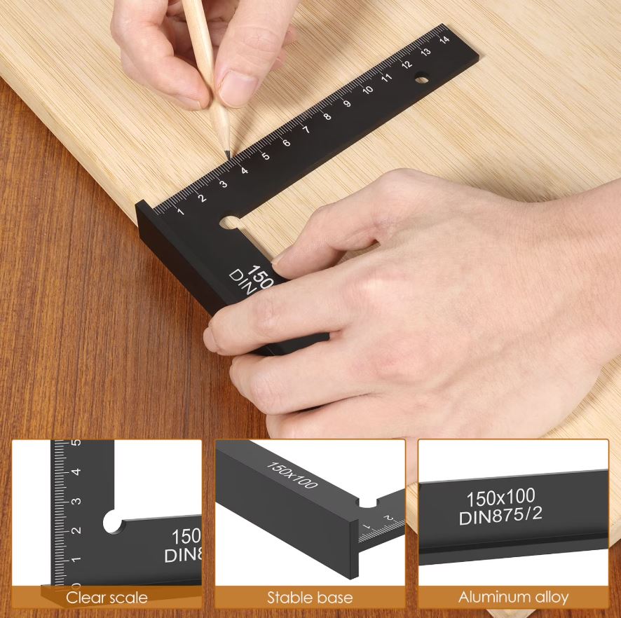 AA Engineering 2-Piece 90° Precision Aluminum Machinist Square Set with Base – Woodworking & Construction Layout Tool with Marking Pencils