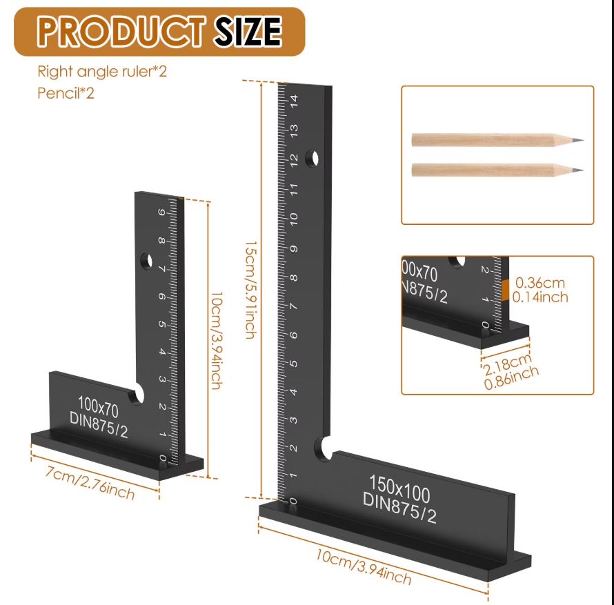 AA Engineering 2-Piece 90° Precision Aluminum Machinist Square Set with Base – Woodworking & Construction Layout Tool with Marking Pencils