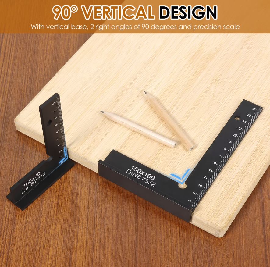 AA Engineering 2-Piece 90° Precision Aluminum Machinist Square Set with Base – Woodworking & Construction Layout Tool with Marking Pencils