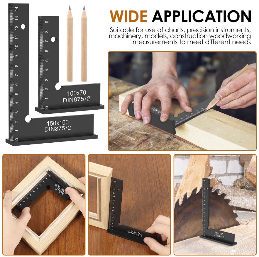 AA Engineering 2-Piece 90° Precision Aluminum Machinist Square Set with Base – Woodworking & Construction Layout Tool with Marking Pencils