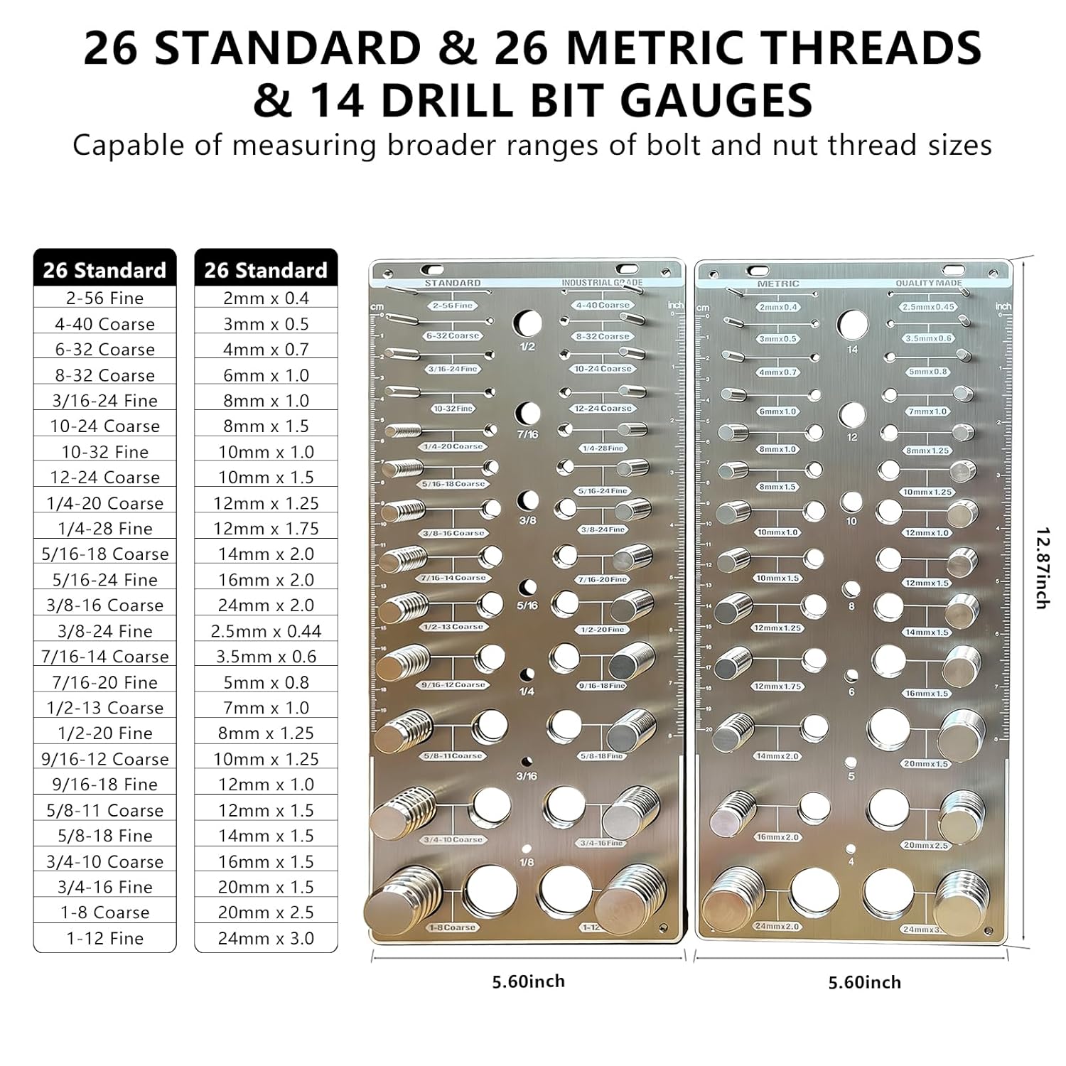 AA Engineering 66 Nut and Bolt Thread Checker with 26 Standard & 26 Metric Bolts & 14 Drill Bit Gauges
