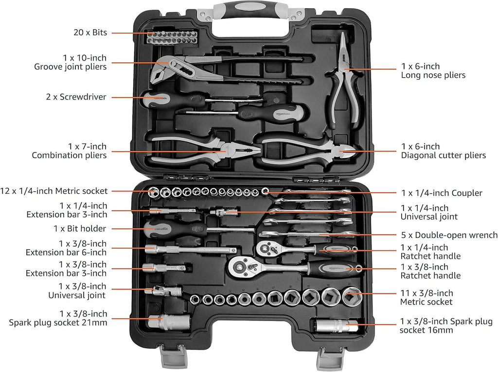 AA Engineering 65-Piece General Household Home Repair Tool Kit Set, Black
