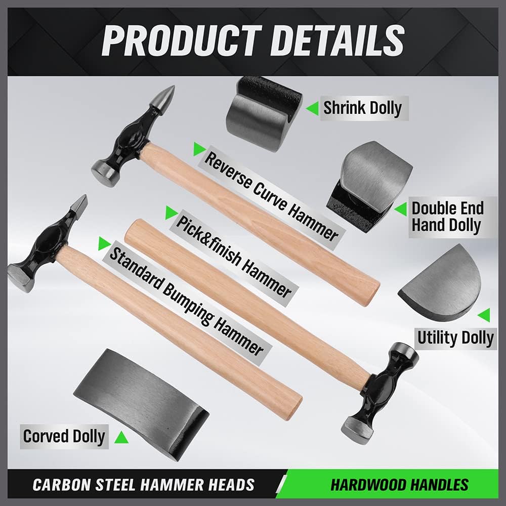 AA Engineering 7 Piece Auto Body Repair Kit, Auto Body Tools, Auto Body Repair Tools with Carbon Steel Hammer Heads