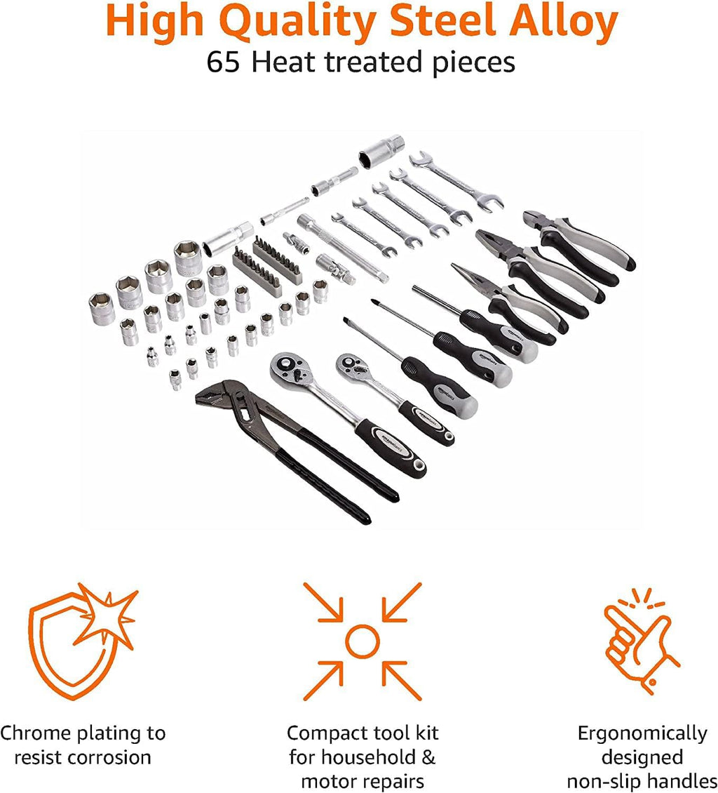 AA Engineering 65-Piece General Household Home Repair Tool Kit Set, Black