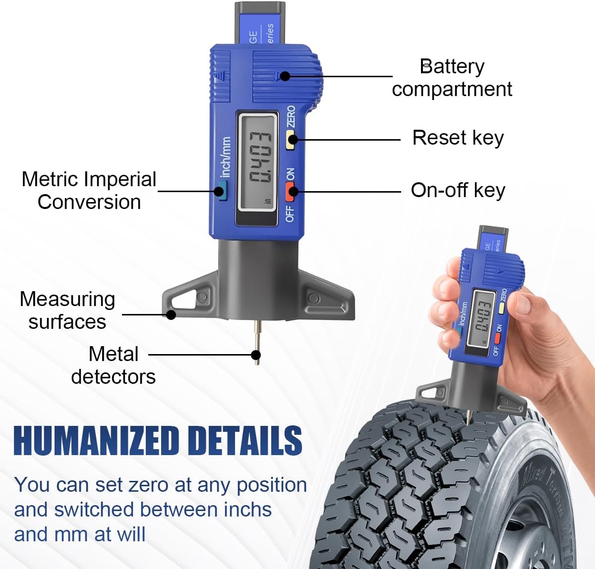 AA Engineering Digital Tire Tread Depth Gauge, Universal Auto Measuring Tool for Car Truck Tires (Blue)