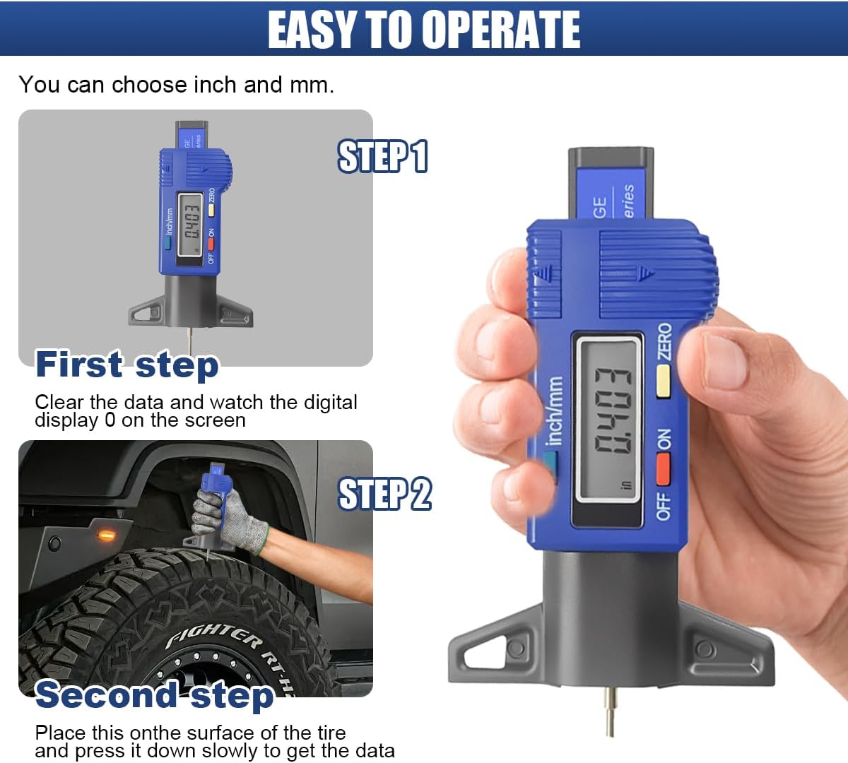 AA Engineering Digital Tire Tread Depth Gauge, Universal Auto Measuring Tool for Car Truck Tires (Blue)